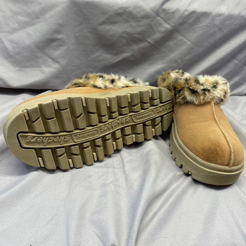 Skechers Kids Leopard Faux‎ Fur Platform Mules Tan Suede Lug Sole 46064 Size 5.5